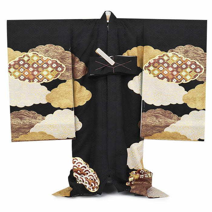 お宮参り着物男の子絹正絹掛け着産着モダン黒雲雲枠亀甲花菱七宝吉祥紋友禅経済産業大臣指定伝統的工芸品金糸刺繍箔使い新品日本製販売購入きもの祝い着のしめ初着祝着一つ身服装赤ちゃんベビーブラック