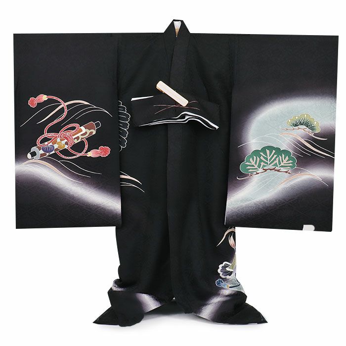 お宮参り着物男の子絹正絹掛け着産着黒鷹宝船小槌宝尽くし立波吉祥紋友禅金彩ぼかし新品販売日本製購入きもの祝い着のしめ初着祝着一つ身服装赤ちゃんベビーブラック