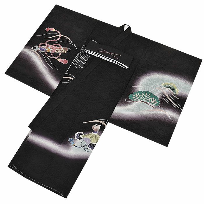 お宮参り着物男の子絹正絹掛け着産着黒鷹宝船小槌宝尽くし立波吉祥紋友禅金彩ぼかし新品販売日本製購入きもの祝い着のしめ初着祝着一つ身服装赤ちゃんベビーブラック