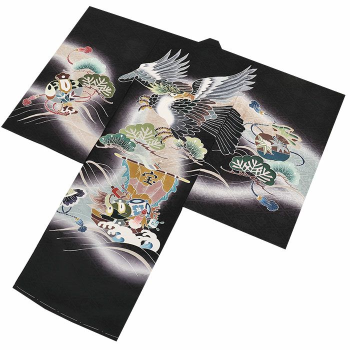 お宮参り着物男の子絹正絹掛け着産着黒鷹宝船小槌宝尽くし立波吉祥紋友禅金彩ぼかし新品販売日本製購入きもの祝い着のしめ初着祝着一つ身服装赤ちゃんベビーブラック