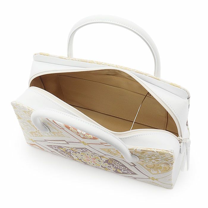 利休バッグ 白 紫 緑 金 橙 菱 華紋 西陣織 正絹帯地 日本製 訪問着