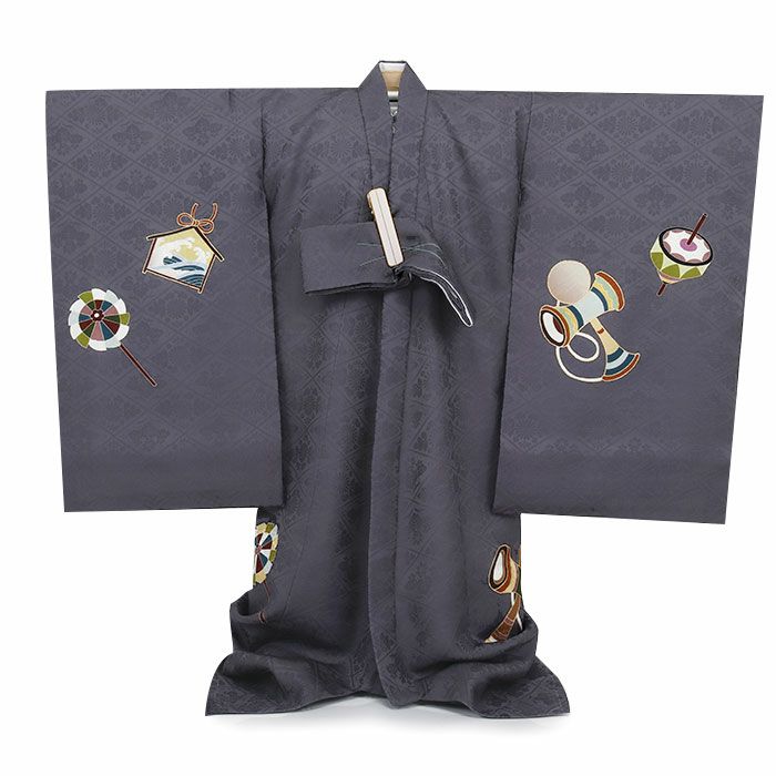 お宮参り着物男の子絹100%正絹初着掛け着産着濃灰濃鼠左馬瓢箪だるま宝船縁起尽くし干支吉祥紋友禅京友禅金駒刺繍金彩新品日本製販売購入きもの祝い着のしめ初着祝着一つ身服装赤ちゃんベビーダークグレー贈答御祝い