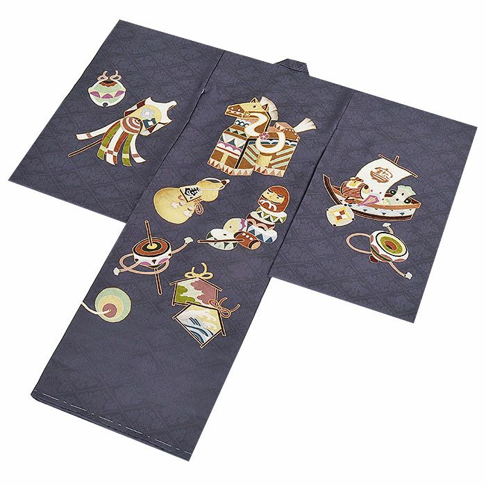 お宮参り着物男の子絹100%正絹初着掛け着産着濃灰濃鼠左馬瓢箪だるま宝船縁起尽くし干支吉祥紋友禅京友禅金駒刺繍金彩新品日本製販売購入きもの祝い着のしめ初着祝着一つ身服装赤ちゃんベビーダークグレー贈答御祝い